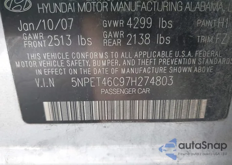 2007 Hyundai Sonata Gls z USA, uszkodzony, nr VIN 5NPET46C97H274803